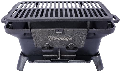Oval Cast Iron Tabletop Grill - Portable Enameled Charcoal Hibachi Grill with Carrying Handles, Compact Camping Stove for BBQ, Tailgating, Picnics & Outdoor Cooking (BLACK)