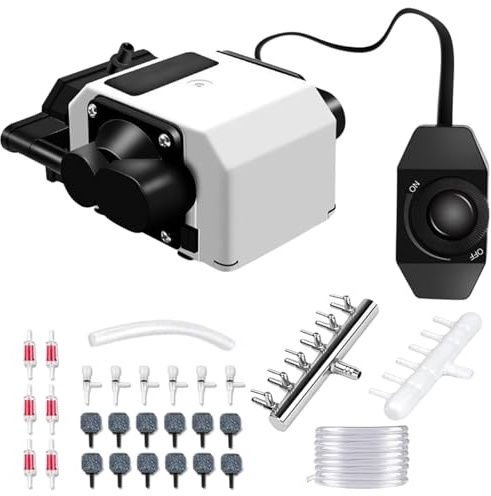 25W Aquarium Luftpumpe mit 6 Ausgängen, Regelbare Teichbelüfter, Einstellbarer Powerful Belüfterpumpe Leistungsstarke Sauerstoffpumpe Teichbelüftung, Bis Zu 3300 L/H