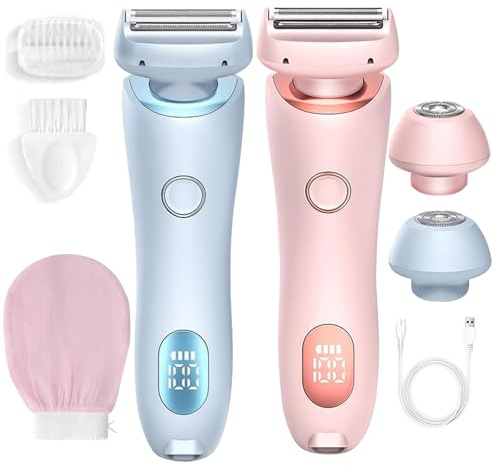 Boulina Rasierer Damen, Boulina Glisse Pro Frühlings Starter Set, Bikini-Trimmer für Damen mit LED-Anzeige, wasserdichter Nass- und Trockenrasierer für Achseln, Beine und Bikinizone (Rosa+Blau)