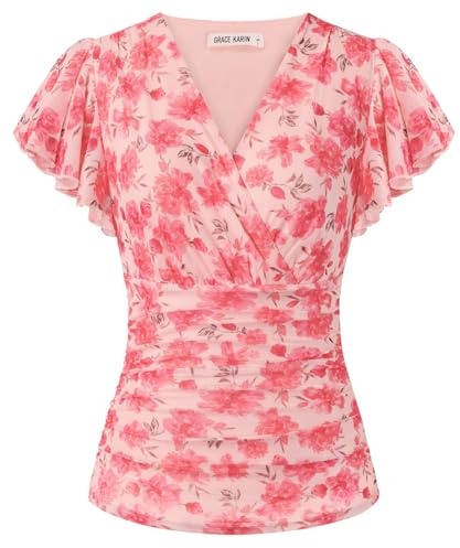 GRACE KARIN Top Donna Floreale Boho Top a Maniche Corte con Volant Avvolgente Camicia Tunic Primavera Estate Top per Uscire, M