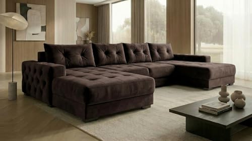 A&J MöbelLand Ecksofa Modena 320x185 cm mit Schlaffunktion, Bonellfederkern und Bettkasten in Dunkelbraun – modernes Schlafsofa mit Stauraum