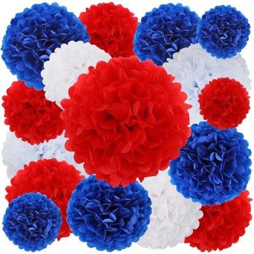 BestoFun 16 Stück Papier Pompons Rot Blau Weiß Seidenpapier Pompons Hängedeko für 4th of July USA Party Geburtstag Sommerparty Fanparty Partydekoration