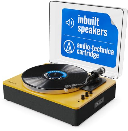 MAJORITY Folio Bluetooth Vinyl Record Player (Yellow) | Bluetooth Turntable with Built-in Speakers, Bluetooth In & Out, USB Recording, RCA & AUX, 33 & 45 RPM, Pitch Control