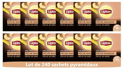 Lipton, Thé Noir Pêche Mangue de Grèce, Goût Frais et Equilibré, Thé Noir 100% d'Origine Naturelle, Vitalité, 12x20 sachets, 240 Sachets