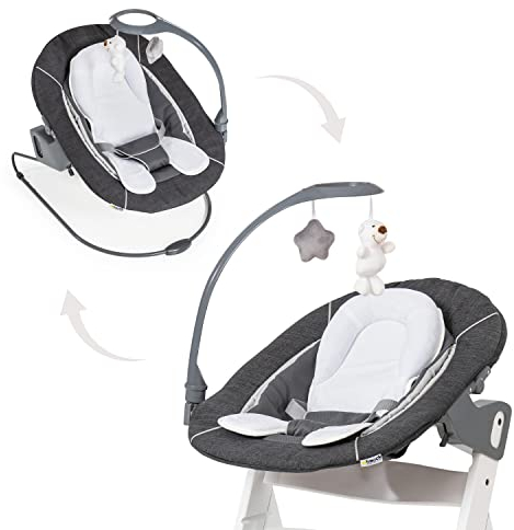 hauck 2in1 Babywippe & Neugeborenenaufsatz mit Spielbogen für Alpha+ & Beta+ Holzhochstuhl Bouncer Deluxe, ab Geburt bis 9 kg, mit 3-Punkt-Hüftgurt, Sitzverkleinerer und Wippgestell (Melange Grey)
