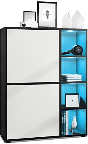 Vladon Highboard Schrank Anrichte Cuba mit 8 Fächern, Made in Germany, Korpus in Schwarz matt/Fronten in Weiß matt, mit RGB LED Beleuchtung