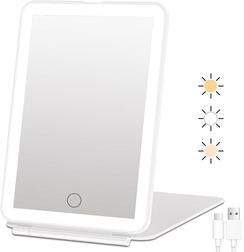 FUNTOUCH Wiederaufladbarer Kosmetikspiegel mit Beleuchtung, Reisespiegel mit 72 LED-Leuchten,Tragbarer Schminkspiegel,3-Farben-Beleuchtung, Dimmbarer Touchscreen, Faltbarer Reise Makeup Spiegel