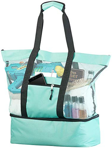 PEARL Strandtasche: Leichte 2in1-Strand-Netztasche mit Kühlfach und Seitenfach, hellblau (Strandtasche mit Kühlfach, Badetasche mit, Kühl)