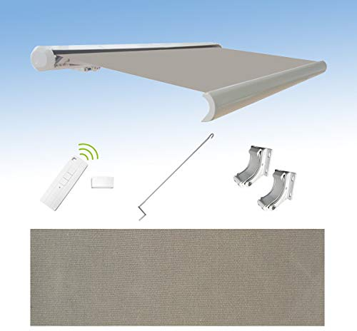 Eclipse Tenda da sole per esterno a cassetta 3 x 2,5 m, per balcone, terrazzo, braccio articolato, in poliacrilico, protezione UV 50 + motore Dooya abilitato Smarthome, panno per tenda: Grigio/Bianco