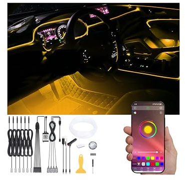 QAUBEN 8 Meter Glasfaser Auto Ambientebeleuchtung mit Bluetooth APP Steuerung 64 Farben Mehrfarbig Musik Innenbeleuchtung Kit DC 12V 1W