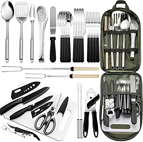 Portable 27 Piece Camping Cookware Kit - Stainless Steel Grilling Utensils for Travel, Picnics, RVs, BBQs, Parties and More