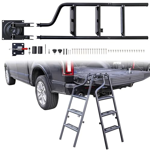 POKIAUTO Universal Faltbare und 360° drehbare Heckklappenleiter für Pickup-Truck, schnelle Verwendung, robuste 106,7 cm Klappbare Heckklappenleiter mit Verriegelungsvorrichtung, passend für