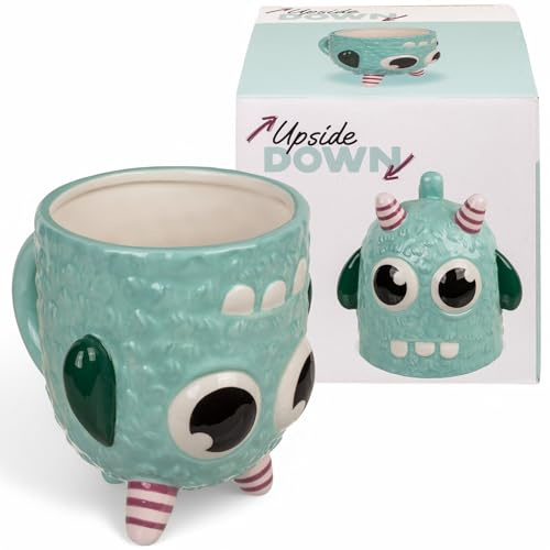 MIJOMA Upside-Down-Mug Kopfüber-Tasse – Lustiger Kaffeebecher aus Keramik – Umgedrehter Henkelbecher für Kaffee & Tee – 500 ml (Monster blau)