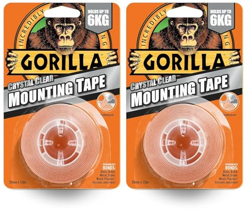 Gorilla Double Sided Mounting Tape Crystal Clear, 1.5m x 25mm – Holds 6KG Per Roll | For Repairs, Crafts & Mounting Objects | Permanently Grips to Rough & Smooth Surfaces | For Indoor & Outdoor,2 Pack