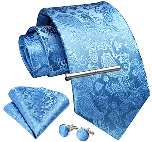 Enlision Herren Krawatte und Taschentuch Herrenkrawatten Krawattenklammer mit Manschettenknöpfe Krawatten Einstecktuch Set Blau