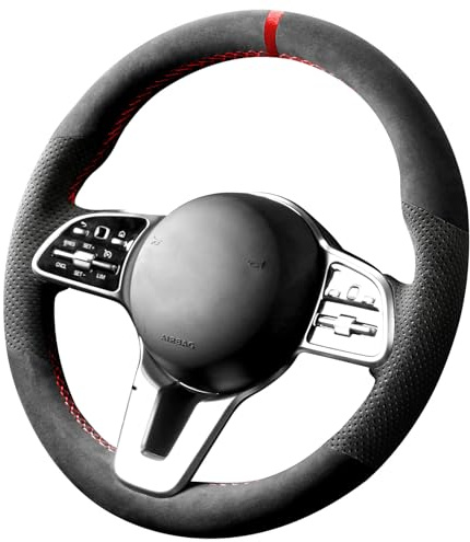 Alfanxi Alcantara Auto-Lenkradabdeckung für Mercedes-Benz CLA / GLA/GLB / GLC/GLE / GLS (Schwarz Alcantara mit roten Punkten und roten Streifen)