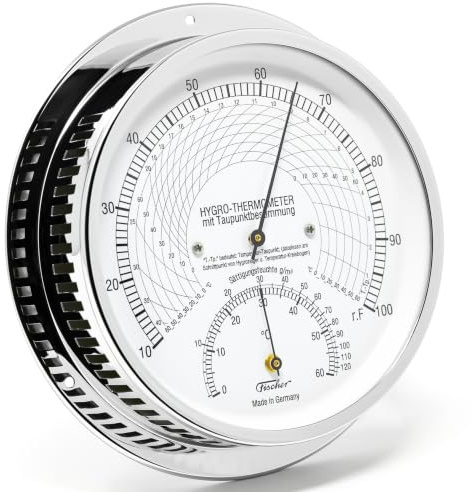 Fischer 5028-47, Klimamesser mit Taupunktbestimmung, Thermohygrometer | Hygrometer und Bimetall-Thermometer, Messbereich 10-100 % r. F. und 0-60 °C, 155mm Durchmesser, Made in Germany
