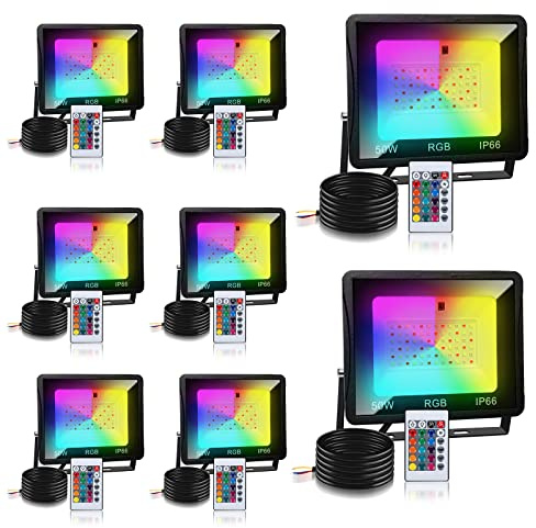 Tubiaz Foco LED Colores Exterior, 8pcs 50W RGB Proyector LED con Control Remoto, Impermeable IP66 16 colores y 4 modos Cambio de color Luz de seguridad, Función de Memoria(sin enchufe)
