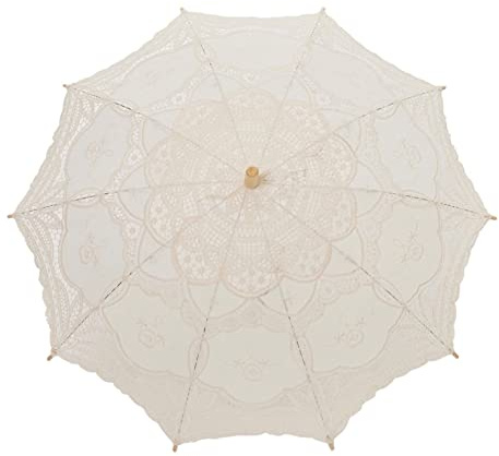 THY COLLECTIBLES Cotton Lace Parasol Umbrella with Wooden Handle Vintage Lolita Coquette Look for Wedding Bridal Umbrella Decoration for Photoshoot, Costume Theme Party, Halloween (Ivory)