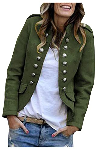 Blazer dam elegant – kostymjacka dam långärmad kappa med knappslå militär blazer kort slim fit dam blazer-tröja ståkrage affärskontor kostym jackor sportig kavaj-kort blazer, Armégrön, S