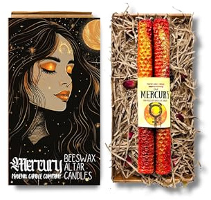 Pair of 8 (20cm) Dressed Planetary Magic Altar Candles | Beeswax | Moon | Mercury | Jupiter | Saturn | Sun | Venus | Mars | Universe (Mercury)