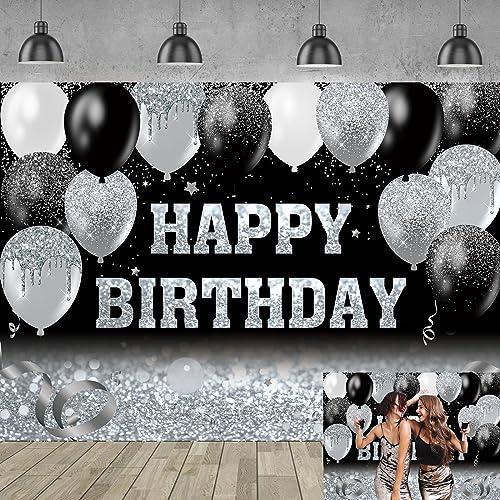 Silberfarbener Glitzer-Hintergrund, schwarz-silberner Ballon, Happy Birthday, Bokeh, Fotografie-Hintergrund für Frauen und Männer, Geburtstagsparty-Dekoration, Banner, 210 x 150 cm