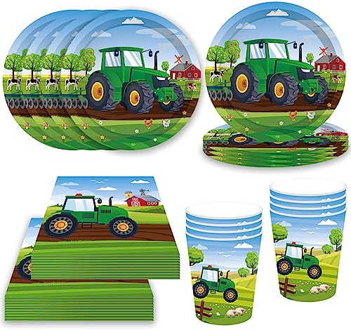 Bikasun Set di stoviglie per feste di compleanno per bambini, set di stoviglie per compleanno, bicchieri di carta, tovaglioli, 16 ospiti decorazione di compleanno per ragazzi e ragazze, trattore verde