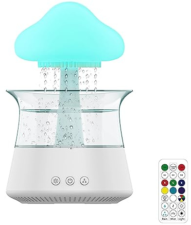 Rain Cloud Humidifier, Snuggling Cloud Rain Humidifier with 7 Color Changing Lights, Cute Raining Night Light Rain Cloud Diffuser Desk Fountain Water Drop Sound for Home Office (White+Remote Control)
