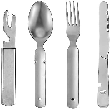 LATRAT 4-teiliges Camping-Besteck-Set inkl aus Edelstahl bestehend aus Messer, Gabel, Löffel und Dosenöffner für Survival-Ausrüstung