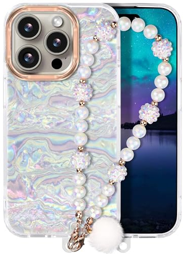 Compatible with iPhone 15 Pro Max Case for Women Girls, Slim Fit Glitter Cute Phone Case for iPhone 15 Pro Max with Pearl Phone Charm Lanyard Wrist Strap, Hard Protective Case 6.7 Inch Shiny White