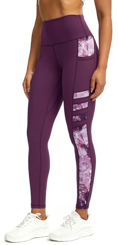 Tuspryt Legging de Sport pour Femme avec Poches - Opaque, Long, Pantalon de Yoga, Fitness et Course - Violet/Imprimé, L