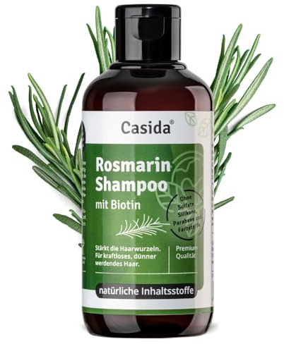 Casida Rosmarin schampo med biotin – schampo med rosmarinolja för hårtillväxt – för kraftlöst, tunnare hår – utan sulfater, silikoner, SLS – 200 ml