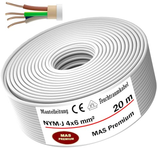 MAS Premium 5-100m Feuchtraumkabel Stromkabel Mantelleitung NYM-J 4x1,5, 2,5, 4, 6, 10 oder 16 Elektrokabel Ring für feste Verlegung (NYM-J 4x6 mm², 20m)