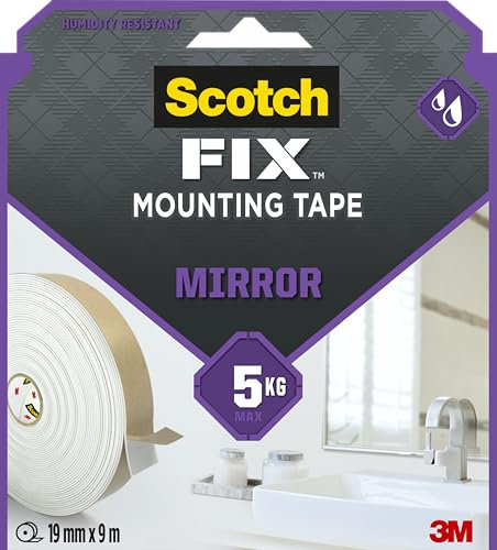 Scotch-Fix - Ruban adhésif double face pour miroirs - 1 rouleau - 19 mm x 9 m - Idéal pour fixer des miroirs et des objets dans des zones humides - Jusqu'à 5 kg
