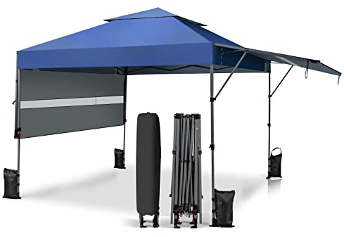 HOMASIS Höhenverstellbar Faltpavillon mit 2 Markisen, 300 x 300 cm Pop up Pavillon mit 4 Sandsäcken, wasserdichter Gartenpavillon mit UV-Schutz, Partyzelt mit Doppeldach & Tragetasche (Blau)