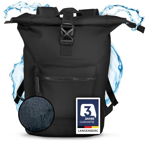 LANGENBERG 30L Rolltop Rucksack - Wasserdichter Rucksack mit bequemen Schultergurten - Fahrrad Rucksack Herren und Damen - Wasserfester Rucksack groß mit verschließbarem Laptopfach + Air-Tag Fach