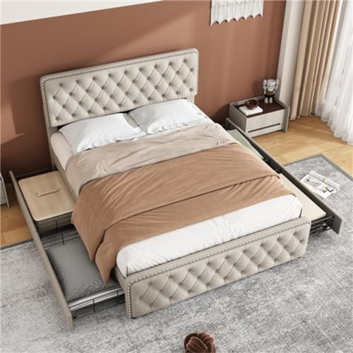 Gepolstertes Doppelbett Mit Vier Schubladen, Verstellbarem Kopfteil Und Nietendesign, Mit Lattenrosten Aus Massivholz, Geeignet Für Schlafzimmer Und Gästezimmer(Size:180x200cm,Color:Beige)