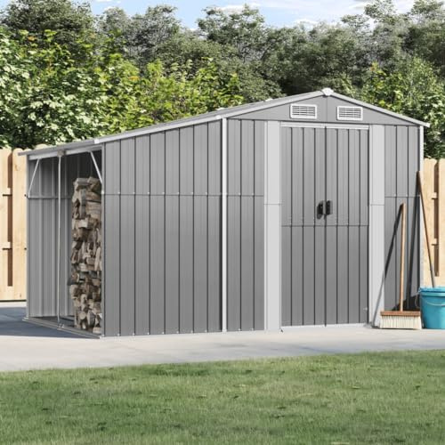 Willood Gerätehaus, Geräteschuppen mit Kaminholzregal, Garten Schuppen mit Schrägdach, Gartenhaus Metallschuppen, Grau 277x192,5x179 cm Verzinkter Stahl