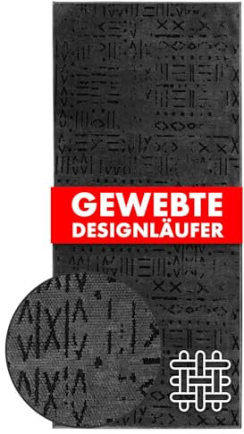 KARAT Premium Teppichläufer gewebt mit Muster - 80 x 250 cm, Anthrazit - Flauschiger Baumwoll Teppich - Läufer für Küche, Flur & Wohnraum - Flurläufer Küchenläufer Flurteppich (Vena)