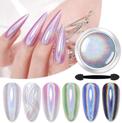 Lilbitty Holographisches Chrome Nail Powder, Feines Cromepulver Für Gelnägel Zubehör, Neonail Glitzer Und Pearl Effect Für DIY Nageldesign, UV Top Coat