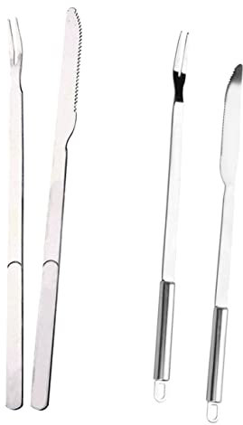 MERRYHAPY 2sätze Edelstahl-grillgabel Mit Schneidwerkzeug Grillbesteck-Set Mit Holzgriff Passend Für Verschiedene Grill Und Kochanforderungen
