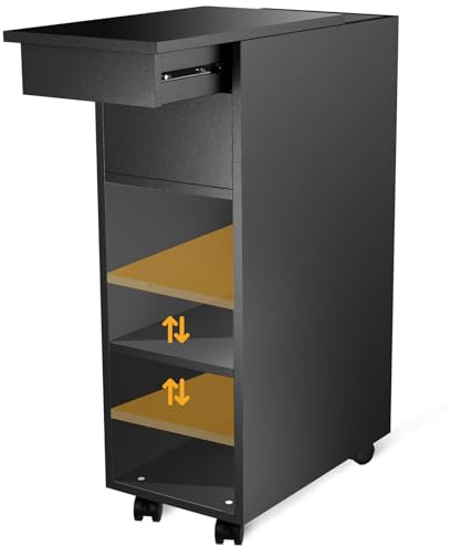 EXSELTMAN Nachttisch schwarz mit Rollen, Nachtschrank, Nachtkästchen, 2 offenen Ablagen und Schiebeschublade, Beistelltisch, schmaler Kleiner Nachtschrank im Schlafzimmer 45x25x70cm