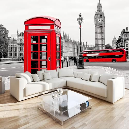 Gris Fotomural Cabina telefónica roja de Londres Fotomural Pared, 250x175 cm Papel Pintado 3D, Fotomurales Decoración de Comedores Moderna Lana Sala Cuarto Salón
