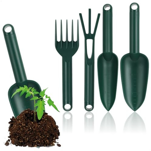 COM-FOUR® set di attrezzi da giardino da 4 pezzi in plastica robusta: cazzuola larga, cazzuola stretta, rastrello a mano e coltivatore per piante e giardinaggio (Set 1-4 pezzi)