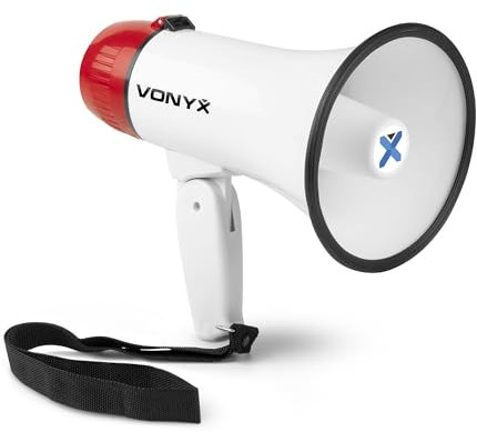 Vonyx MEG018 - Megaphone mit Sirene und Aufnahmefunktion, 18 Watt, 600 Meter Reichweite, Megaphon mit Trage-Gurt, Für Veranstaltungen und Demos, Klappbarer Griff - Rot-Weiß