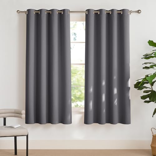 PONY DANCE Vorhänge Blickdicht Grau Thermo Gardinen gegen Hitze | 2er Set, 160 cm Lang, Verdunklungsvorhänge, Kurz, Ösen, Sichtschutz, UV-Schutz, für Schlafzimmer Wohnzimmer Kinderzimmer