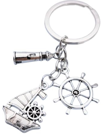 Sportigo ® Portachiavi Maritimer con barca a vela, faro e volante in colore argento/vacanze, mare, spiaggia, idea regalo