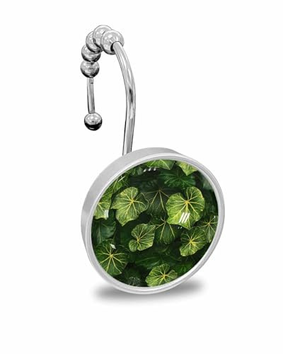 Shower Curtain Hooks Set of 12, Spring Green Leaf Plants Modern Realistic Landscape Crystal Glass Showers Curtains Rings, Bathroom Decorative Rod Stainless Steel Rust Proof Roller Hangers Hook