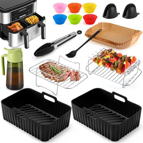 Heißluftfritteuse Zubehör, 16PCS Airfryer Zubehör für 8,5L-9,5L Dual Zone Air Fryer, kompatibel mit Ninja, COSORI, Cookwise, enthält Silikonformen, Roste, Ölsprüher, Handschuhe, Zangen und mehr