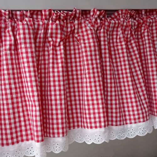 A.Monamour Gardine Scheibengardinen Kurzstores Baumwolle Bauernhaus Rustikal Weiß Rot Kariert Weiß Spitze Kurzvorhang Kurzgardinen Küchengardine Volants Küche Fenster Cafe Kurz Vorhang Bistrogardine